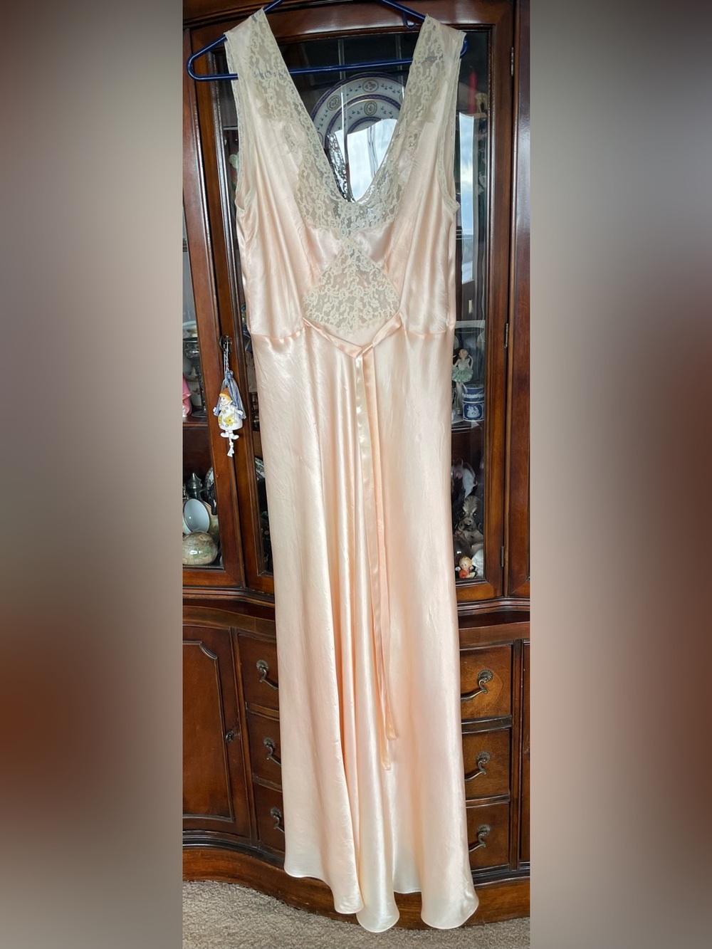 Antique 1930’s Silky Peach Bias Cut Slip Dress Nightgown Lace Panel size 40 or L